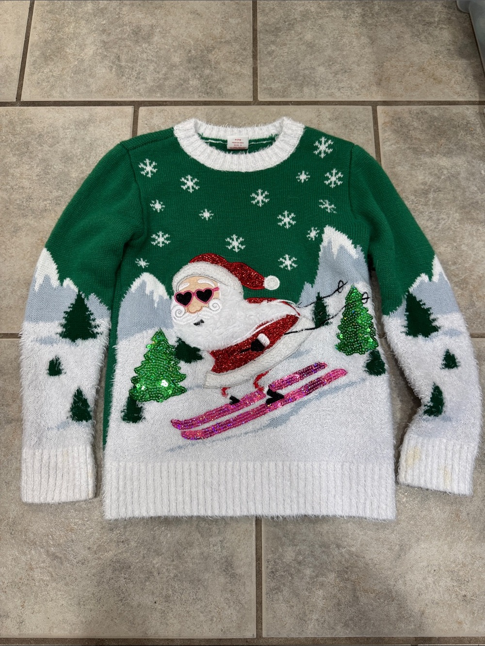Holiday Time Green & White Santa Ski Sweater with Pink Accents